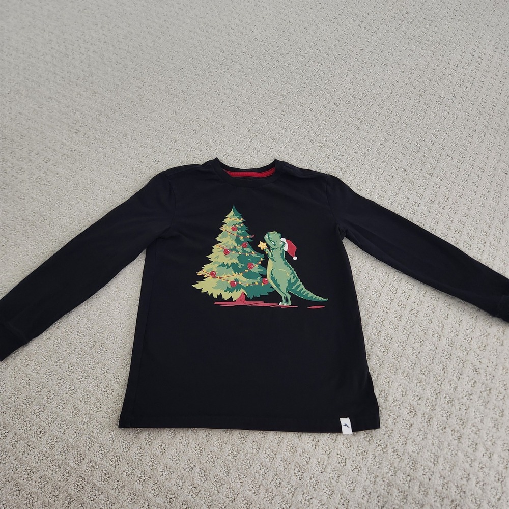 Tommy Bahama Boys Black Christmas T-Rex Dinosaur Graphic Long Sleeve Tee M 7/8
